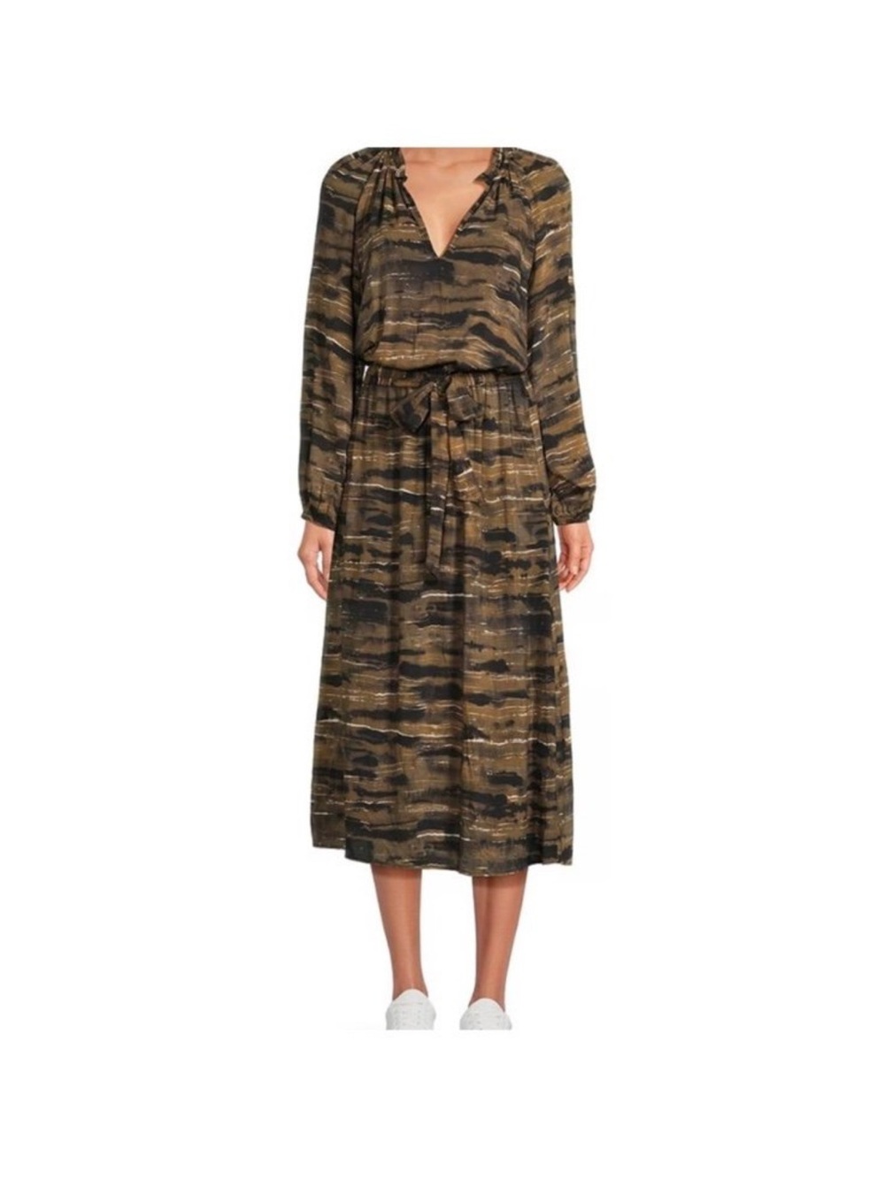 cloth & stone Olive & Black Long Sleeve Tie-Waist Midi Dress